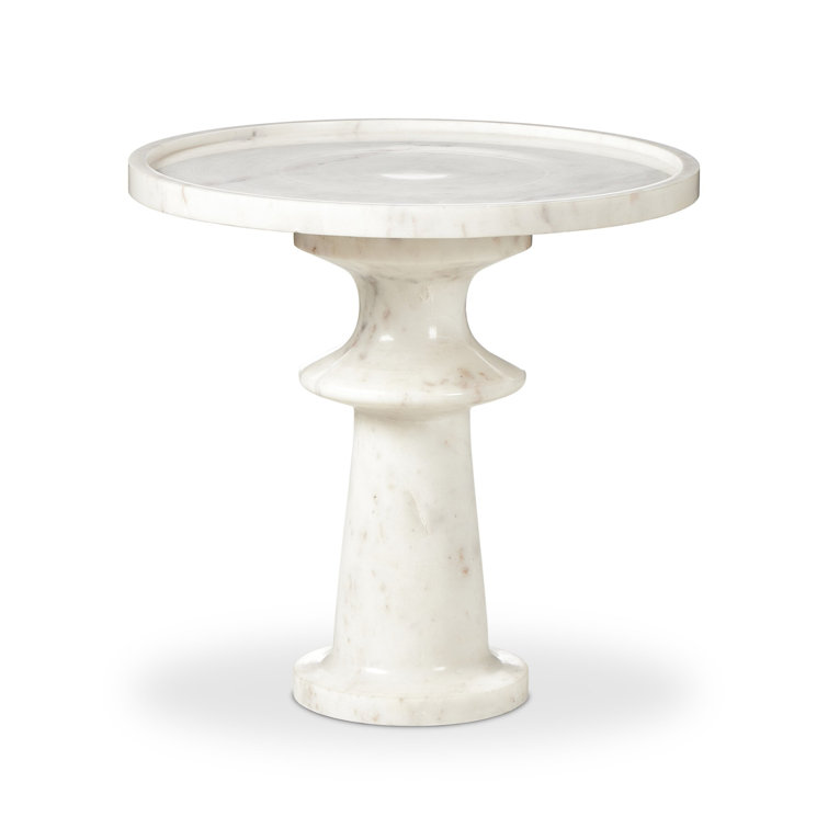 Polished White Marble and Hardwood Round End Table