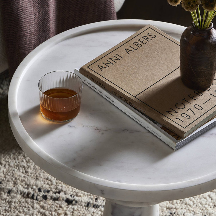 Polished White Marble and Hardwood Round End Table