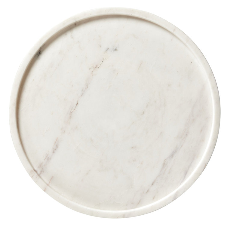 Polished White Marble and Hardwood Round End Table