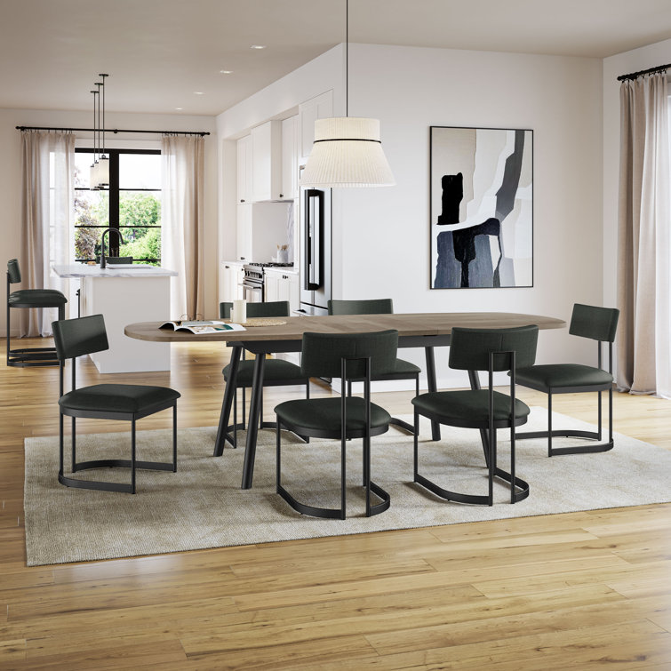Light Beige Birch Veneer Extendable Dining Table with Black Metal Chairs