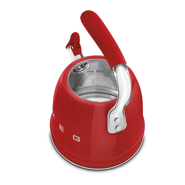 Red Stainless Steel Retro Whistling Stovetop Kettle, 2.4 Quarts