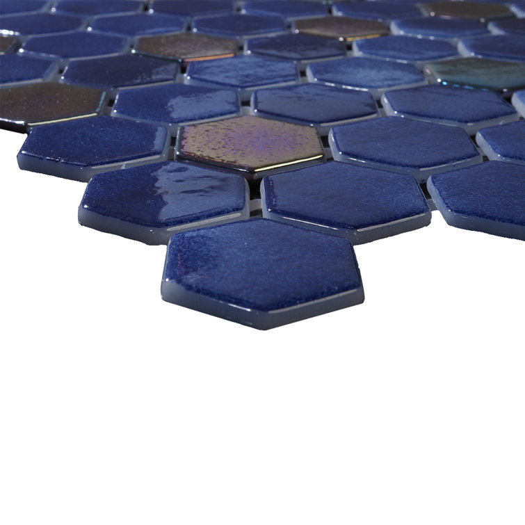 Dark Blue Iridescent Glass Hexagon Mosaic Tile 12x12