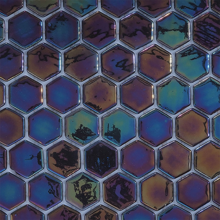 Glossy Midnight Black and Blue Hexagonal Glass Mosaic Tile
