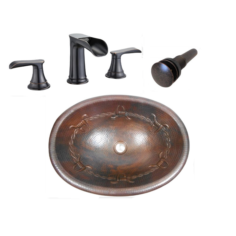 19'' Rustic Copper Oval Bathroom Sink with Barbed Wire Design