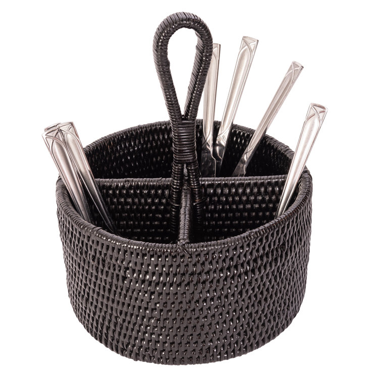 Tudor Black Round Rattan Flatware Caddy