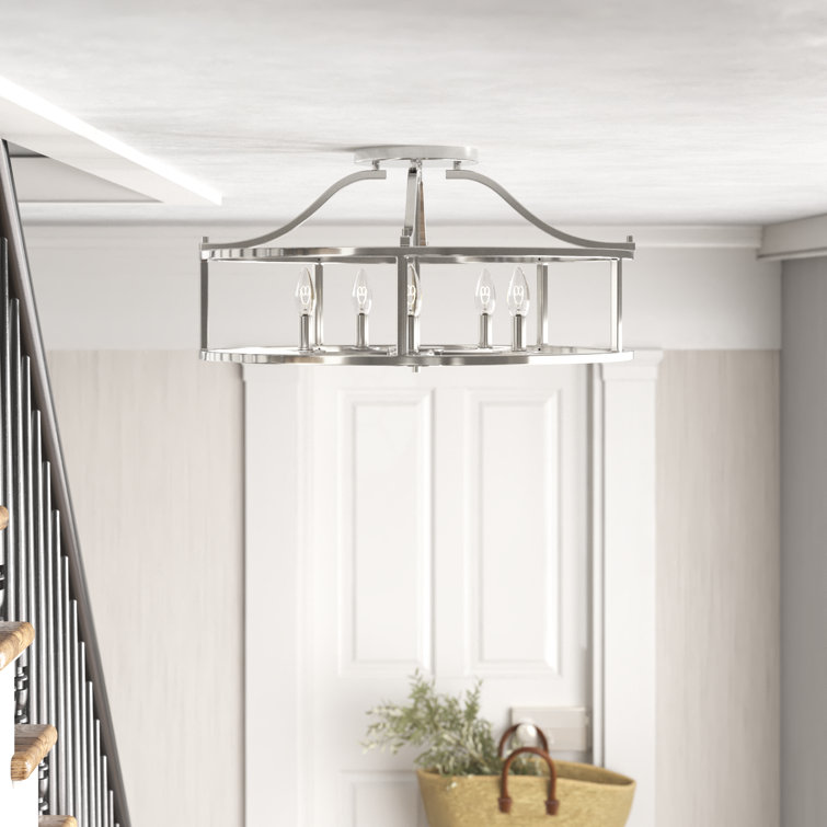 Nickel Drum Caged 5-Light Semi-Flush Mount Fixture