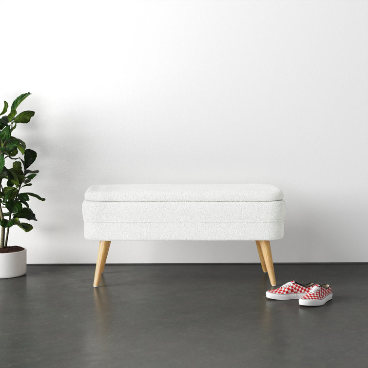 White Upholstered Storage Bench with Squared Wood Legs