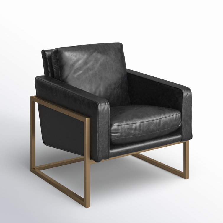 Transitional Black Leather Accent Chair with Brass Metal Frame