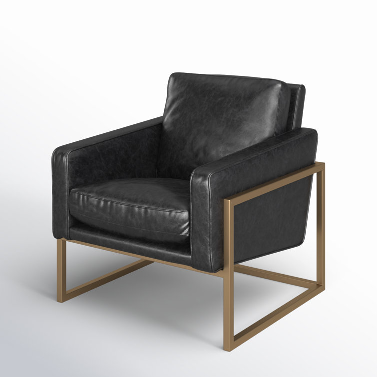 Transitional Black Leather Accent Chair with Brass Metal Frame