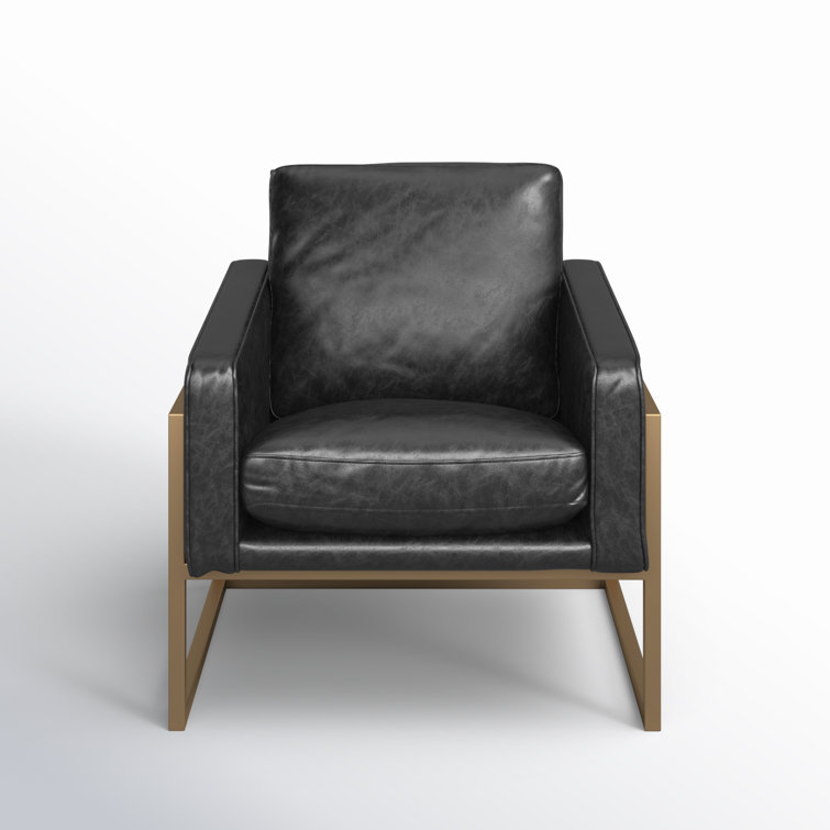 Transitional Black Leather Accent Chair with Brass Metal Frame