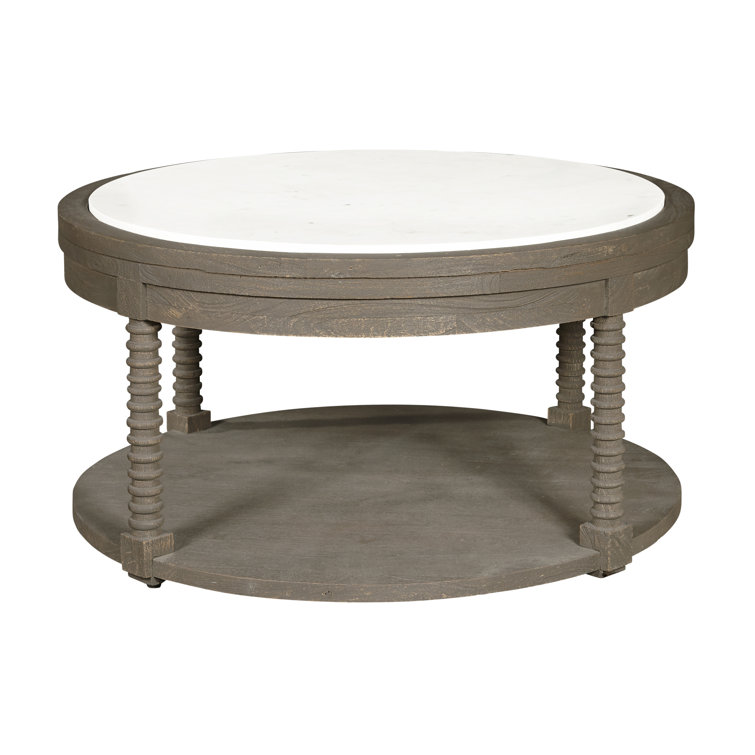 Round Brown Wood Cocktail Table with Marble Top