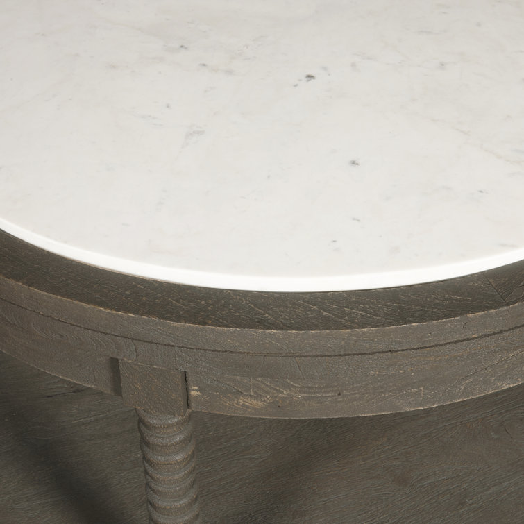 Round Brown Wood Cocktail Table with Marble Top