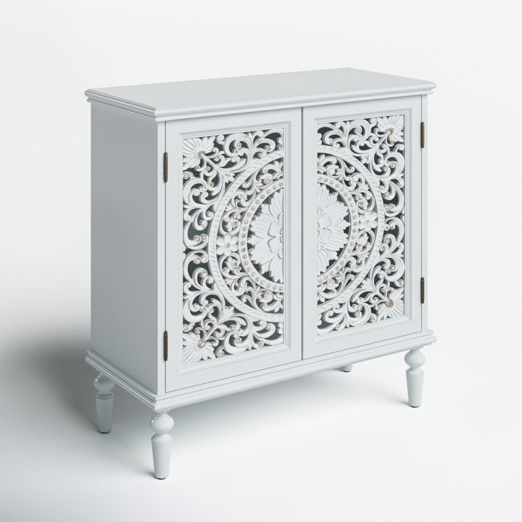 White Freestanding 2-Door Accent Cabinet with Carved Floral Design