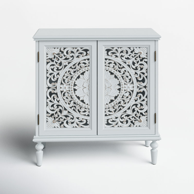 White Freestanding 2-Door Accent Cabinet with Carved Floral Design