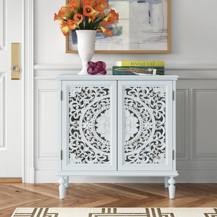 White Freestanding 2-Door Accent Cabinet with Carved Floral Design