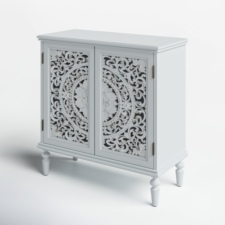 White Freestanding 2-Door Accent Cabinet with Carved Floral Design