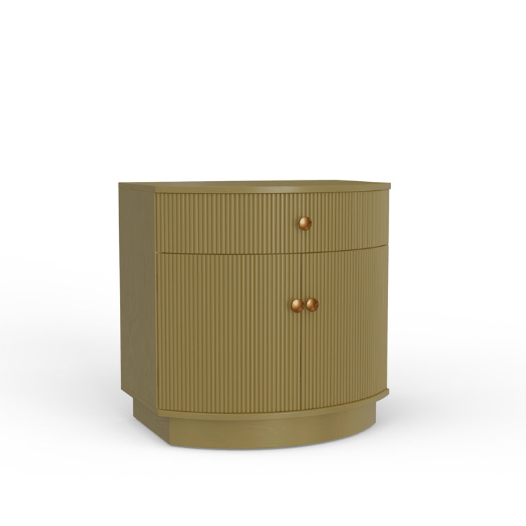 Olive Green Ribbed 1-Drawer Nightstand with Brass Knobs