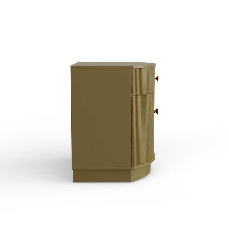 Olive Green Ribbed 1-Drawer Nightstand with Brass Knobs