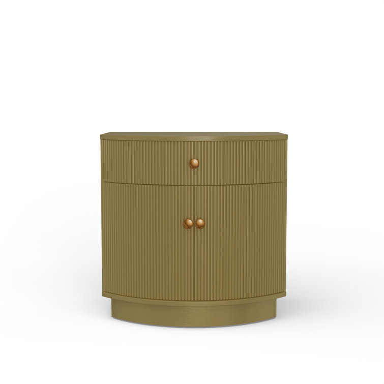 Olive Green Ribbed 1-Drawer Nightstand with Brass Knobs