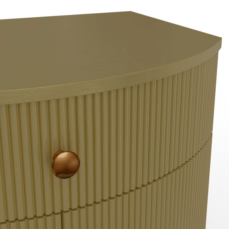 Olive Green Ribbed 1-Drawer Nightstand with Brass Knobs