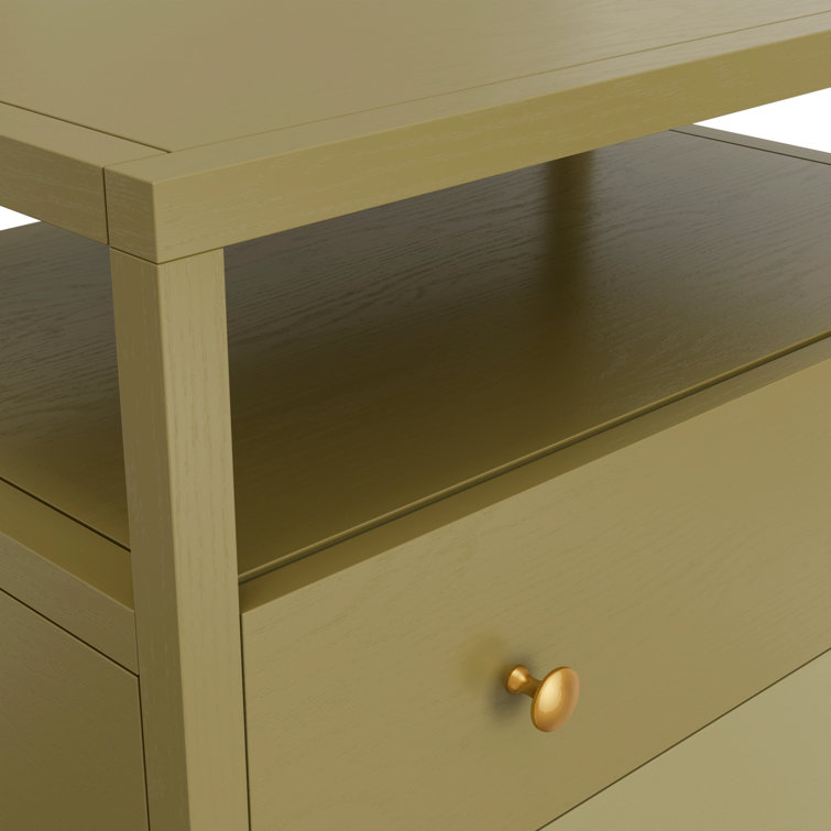 Olive Green Solid Wood 2-Drawer Nightstand with Brass Handles