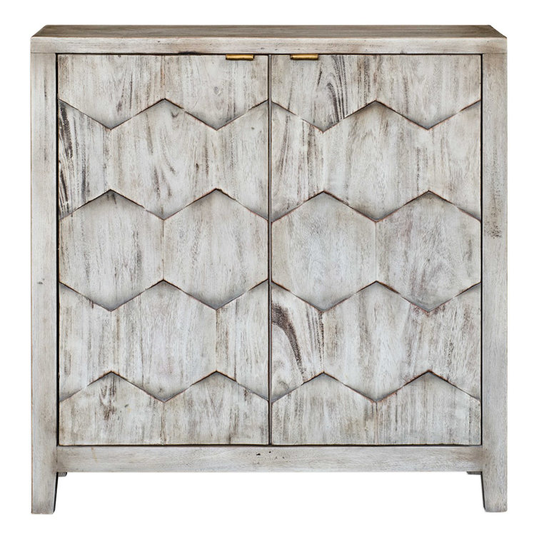 Smoked Ivory Engineered Wood Storage Cabinet with Honey-Comb Design