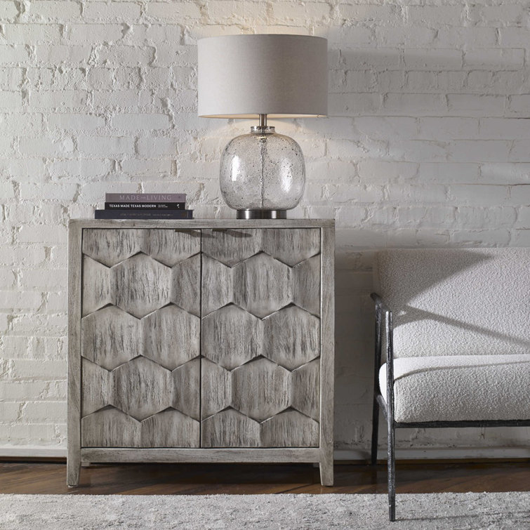 Smoked Ivory Engineered Wood Storage Cabinet with Honey-Comb Design
