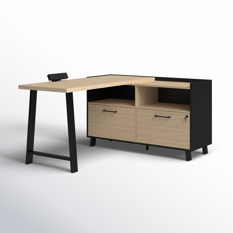 Soft Elm and Matte Black L-Shaped Computer Desk with Power Outlet
