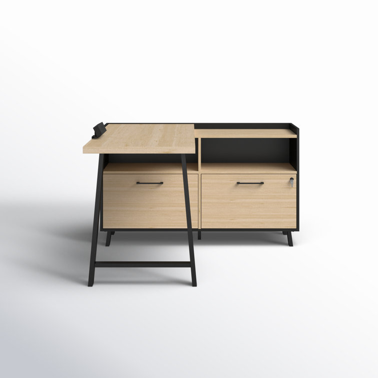 Soft Elm and Matte Black L-Shaped Computer Desk with Power Outlet