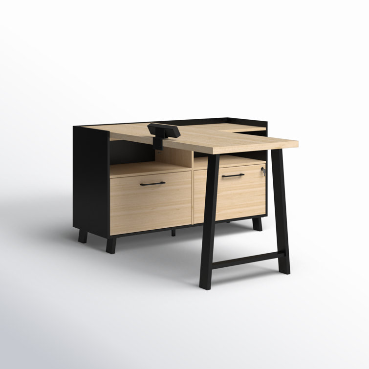 Soft Elm and Matte Black L-Shaped Computer Desk with Power Outlet