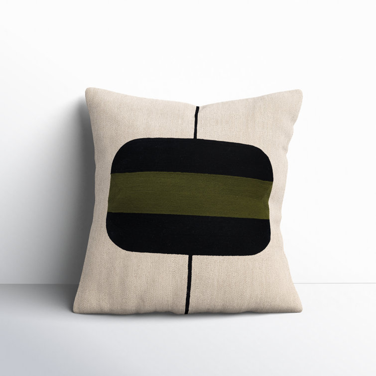 20'' Square Beige and Black Cotton Embroidered Throw Pillow