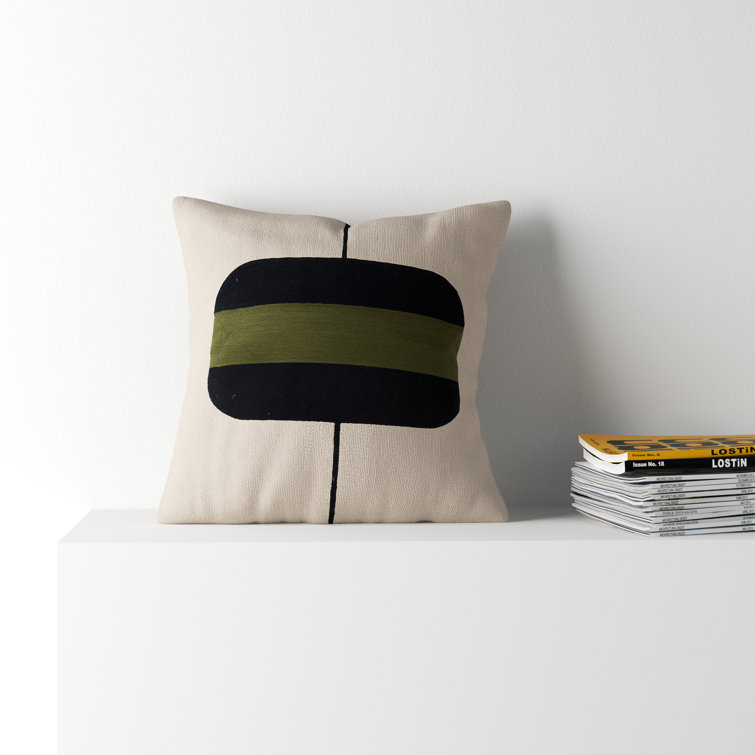 20'' Square Beige and Black Cotton Embroidered Throw Pillow