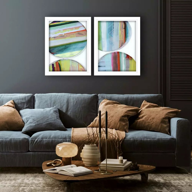 Colorful Mixed Media Abstract Art Set in White Frames