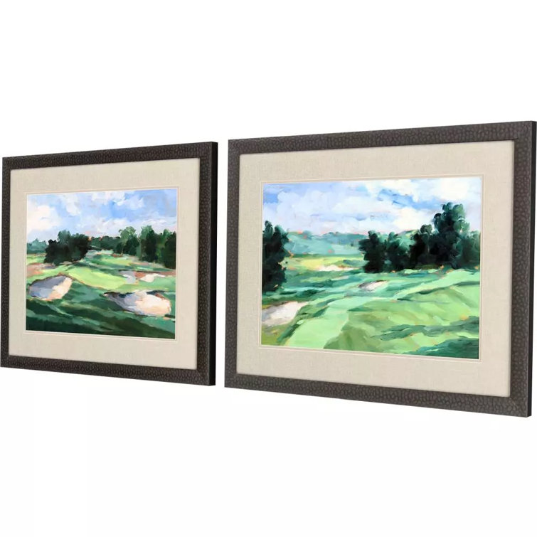 Golf Course Landscape Green Print Set with Black Wood Frame