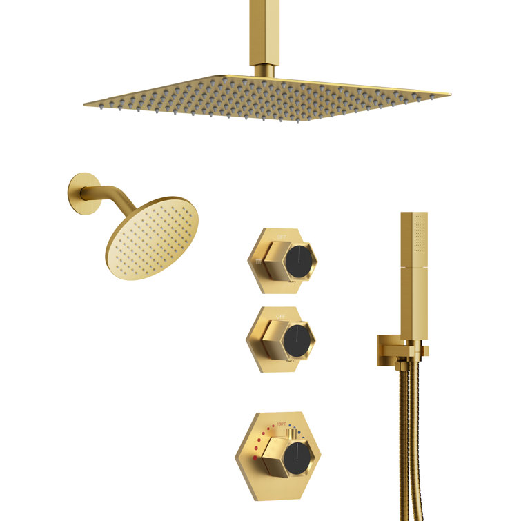 Brushed Gold Thermostatic Dual Showerhead System with Handheld Spray