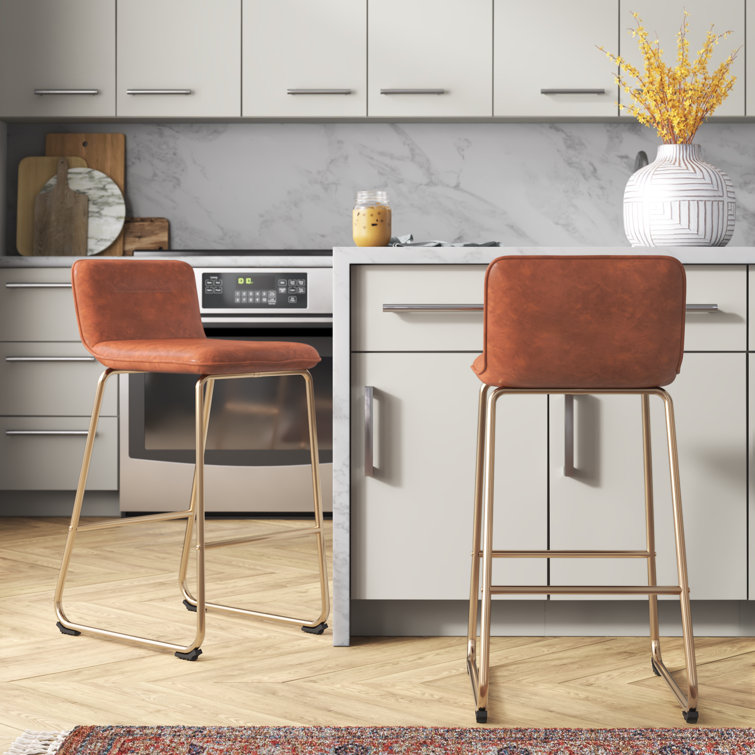 Contemporary Gold Metal and Camel Faux Leather Counter Stool, 21"