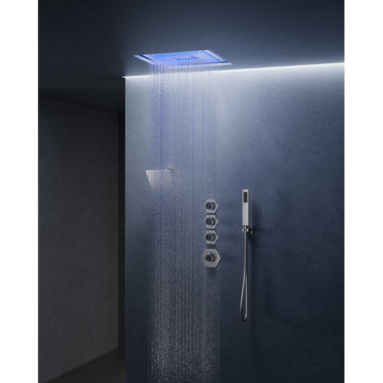 Brushed Nickel LED Thermostatic Dual Showerheads with Bluetooth Speaker