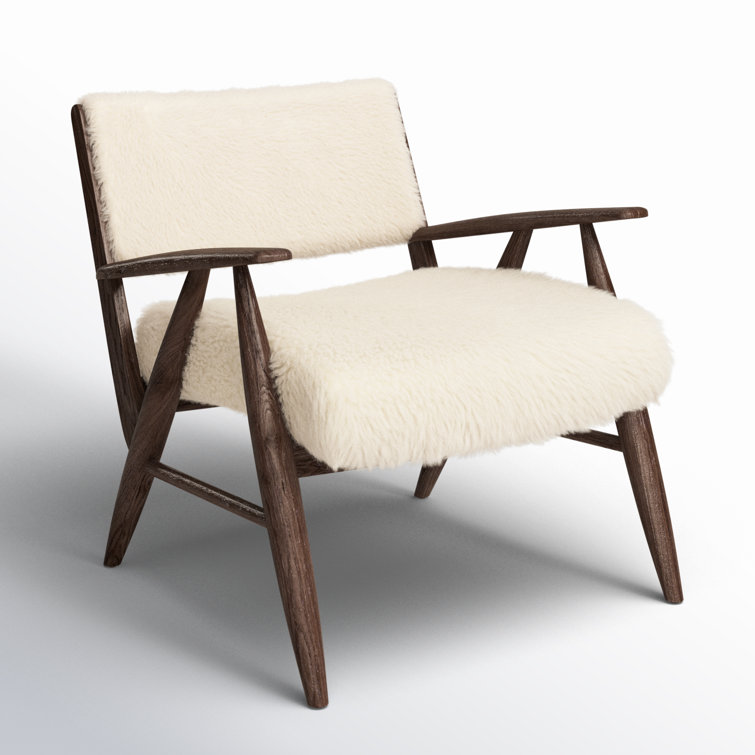 Cream Shearling Upholstered Armchair with Solid Wood Frame
