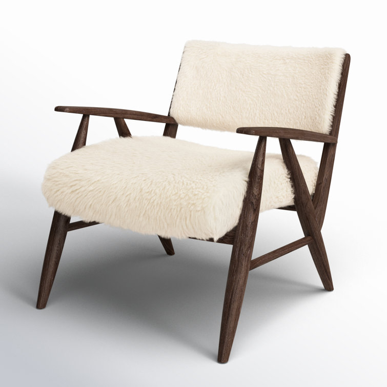 Cream Shearling Upholstered Armchair with Solid Wood Frame