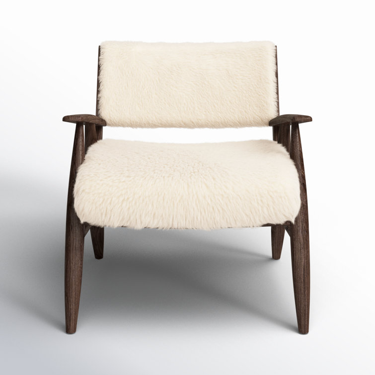 Cream Shearling Upholstered Armchair with Solid Wood Frame