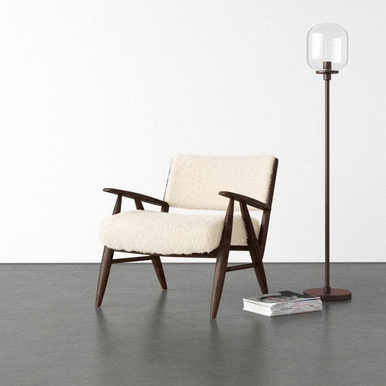 Cream Shearling Upholstered Armchair with Solid Wood Frame
