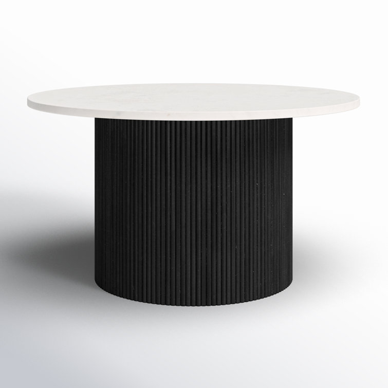 Round Black Wood Drum Base Marble Top End Table