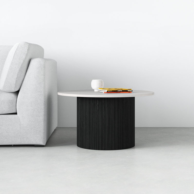 Round Black Wood Drum Base Marble Top End Table