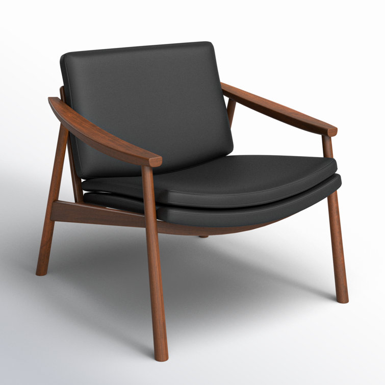 Pebbled Black Genuine Leather and Walnut Lounge Chair