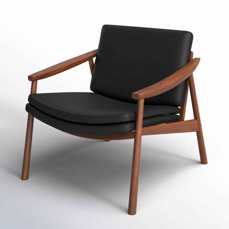 Pebbled Black Genuine Leather and Walnut Lounge Chair
