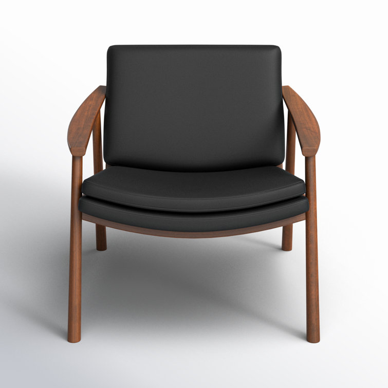 Pebbled Black Genuine Leather and Walnut Lounge Chair
