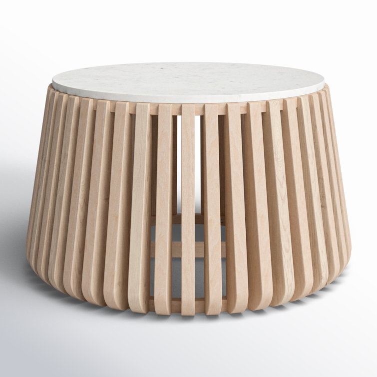 Round White Marble Top Coffee Table with Natural Wood Base