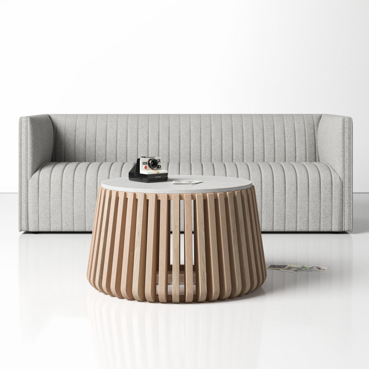 Round White Marble Top Coffee Table with Natural Wood Base