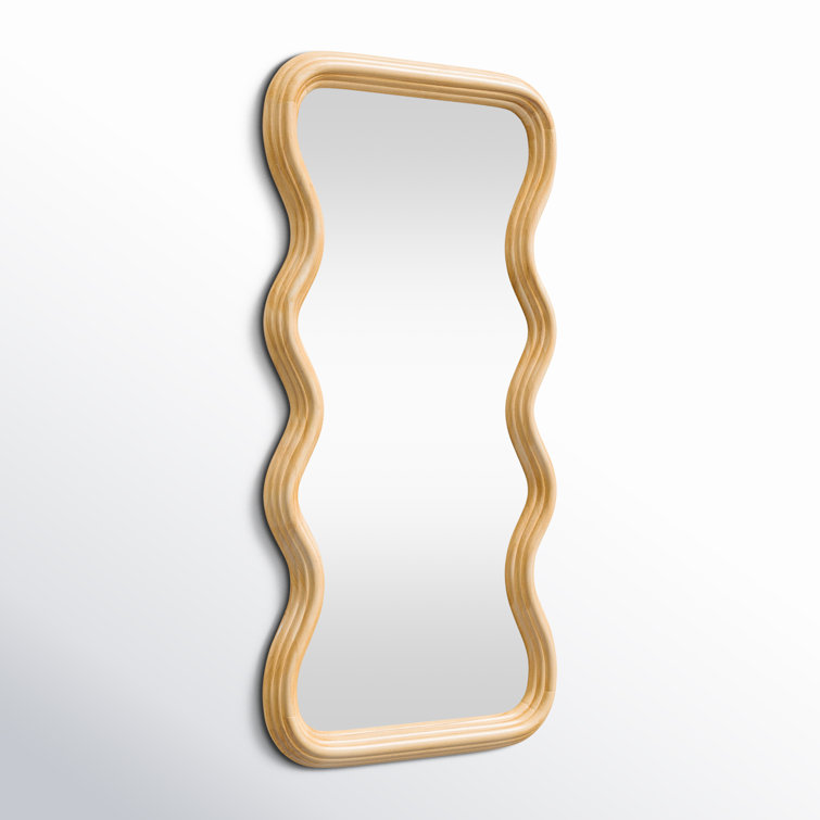 Wavy Poplar Wood Asymmetrical Wall Mirror in Natural Brown
