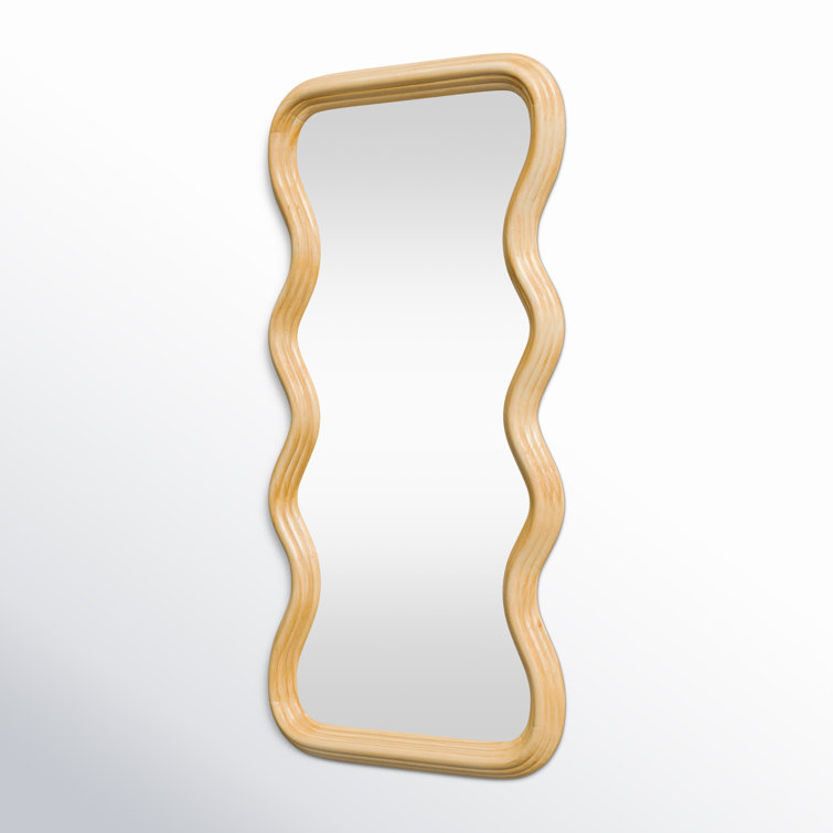 Wavy Poplar Wood Asymmetrical Wall Mirror in Natural Brown